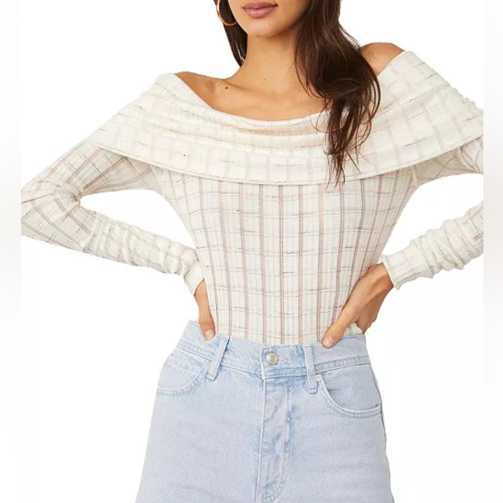 FREE PEOPLE Ivory Peach Grey Snowbunny Girlfriend Off-The-Shoulder Plaid Top